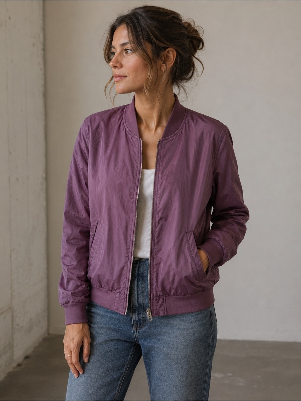 French Connection Plum Bomber Jacket Size S Minimalist Lightweight Streetwear